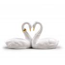 Lladro Classic Sculpture, Endless Love Swans Figurine. Golden Luster