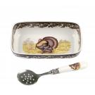 Spode Woodland Turkey China Cranberry Dish with Slotted Spoon, Turkey
