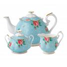 Royal Albert China Polka Blue 3 Piece Teaset - Teapot, Sugar, Creamer