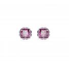 Swarovski Birthstone stud earrings, Square cut, February, Pink, Rhodium plated